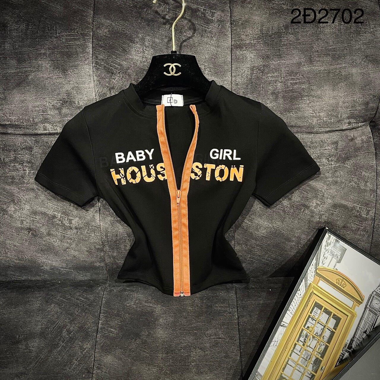 Áo croptop phối dây kéo màu cam BG
