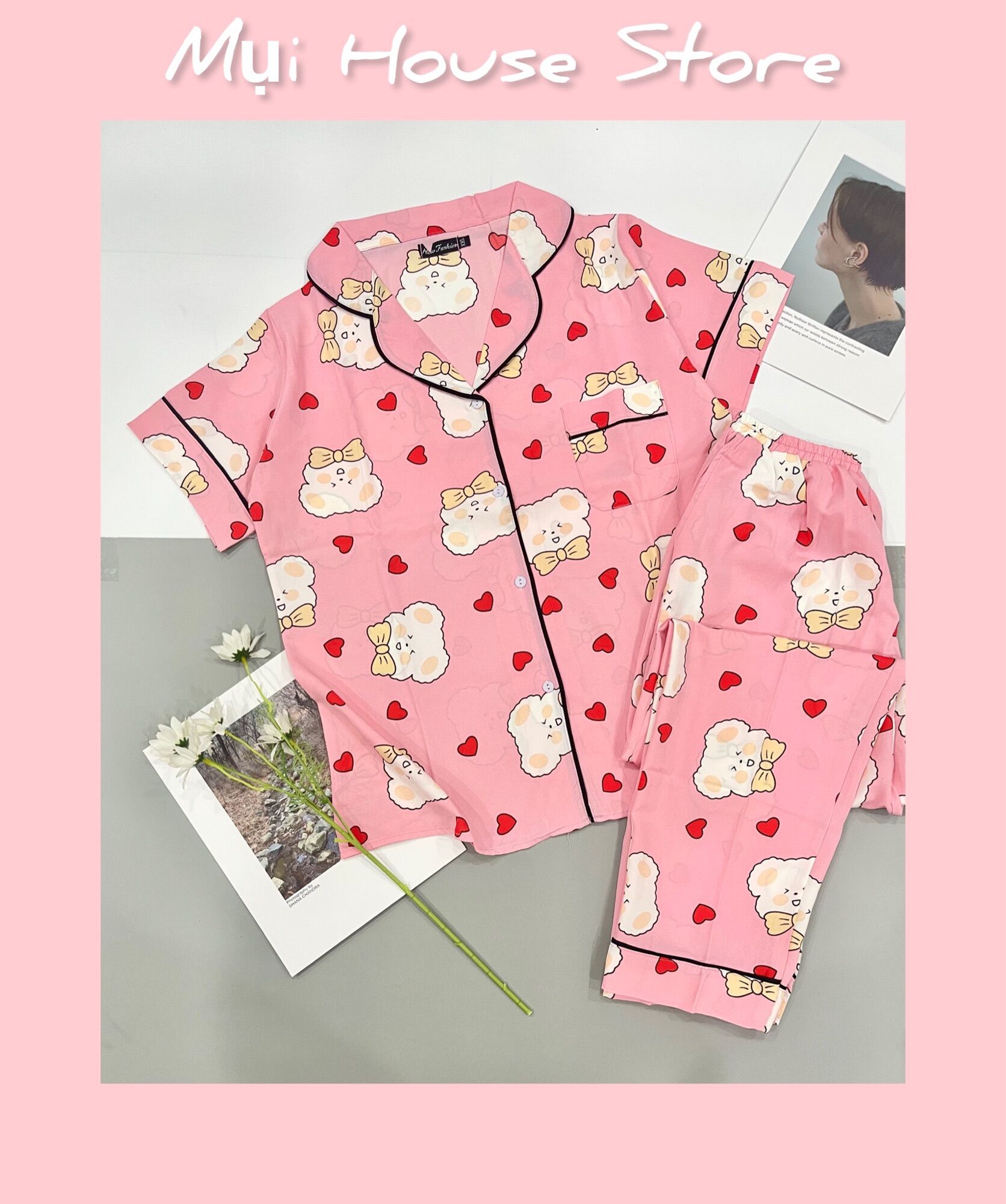 Đồ bộ pijama mặc nhà chất lụa hàn, form tay ngắn quần dài freesize dưới 60kg