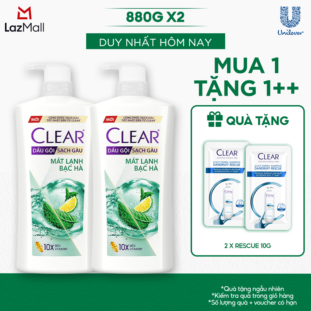 Combo 2 Dầu gội đầu Sạch Gàu Clear Mát Lạnh Bạc Hà 880g
