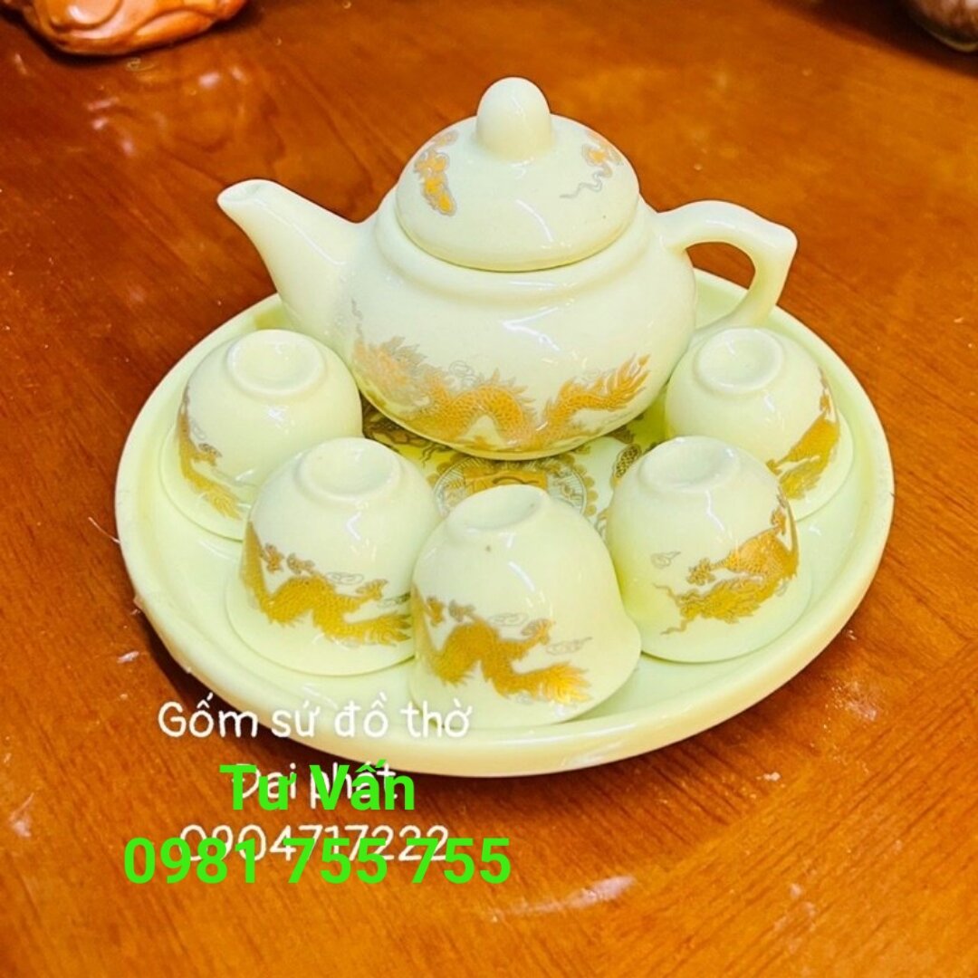Bộ Trà 5 chén Thờ Cúng_Bộ Ấm Chén Vàng Gốm Sứ Bát Tràng