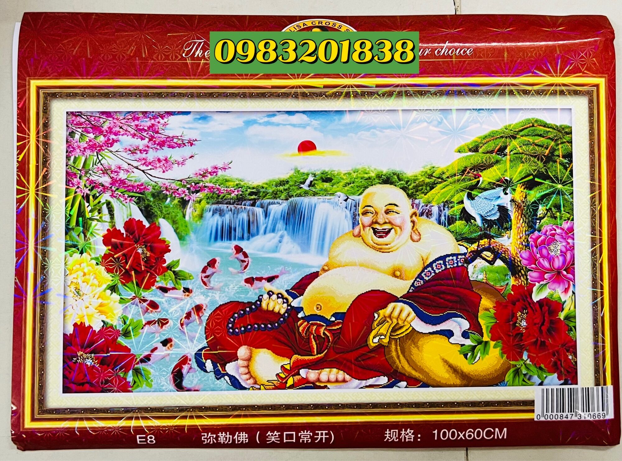 Tranh thêu chữ thập Phật di lặc E8, kích thước 100 x 60 cm