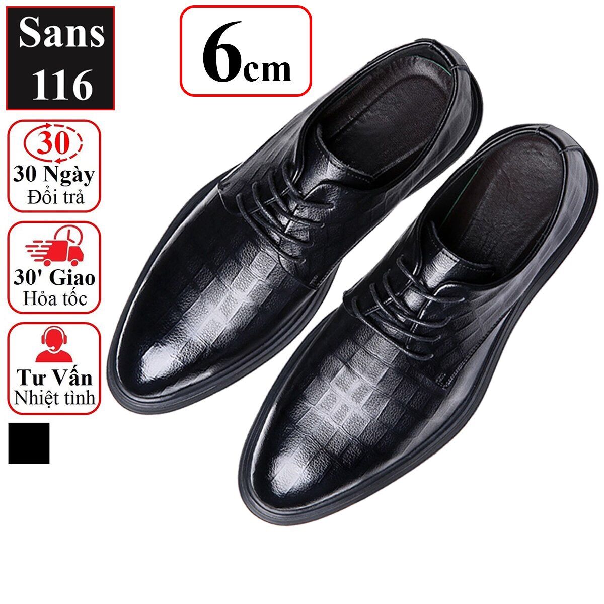 Giầy tây nam tăng chiều cao 6cm Sans116 giày derby công sở đen độn đế buộc dây cao cấp chú rể đám cưới mặc vest