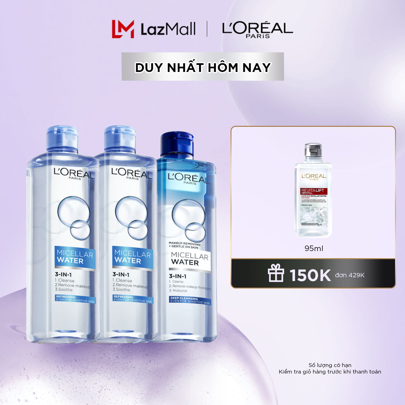 Bộ 3 nước tẩy trang đa năng 3-in-1 L'Oreal Paris Micellar sạch sâu và tươi mát 400mlx3