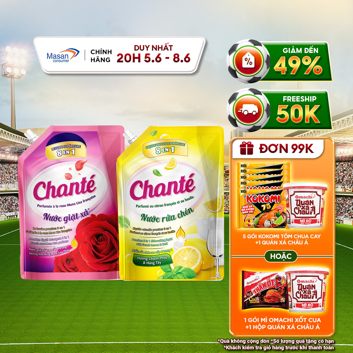 Combo 1 Túi Nước giặt xả Chanté Cao Cấp 8 Trong 1 3.05kg và 1 Túi Nước rửa chén Chanté 3.2kg