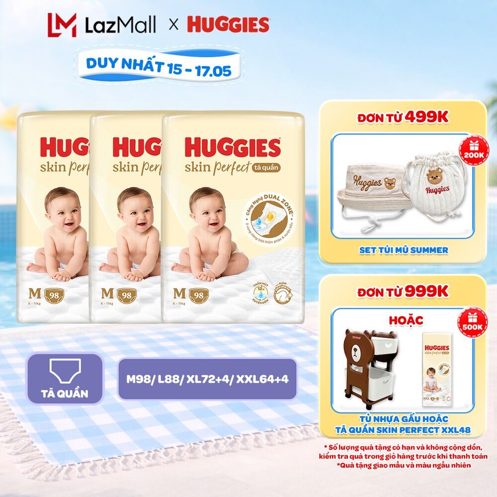 Combo 3 gói Tã quần Huggies Skin Perfect Mega Jumbo M98/L88/XL72+4/XXL64+4 miếng với 2 vùng thấm giảm kích ứng da
