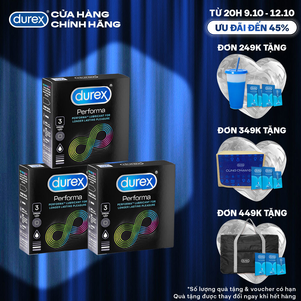 [TỪ 20H | 9-12.10 VOUCHER GIẢM THÊM 5%] Bộ 3 hộp bao cao su Durex Performa kéo dài thời gian, size 52mm, 3 bao/hộp