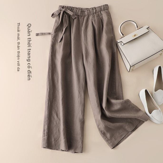 Lieoyuarn | Quần Dài Chân Rộng Co Dãn Cao Thắt Lưng Phong Cách Vintage Bằng Cotton Vải Linen