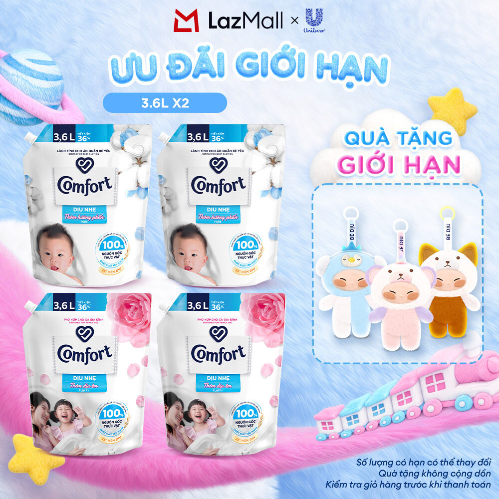 Combo 2 Túi Nước Xả Vải Comfort Dịu Nhẹ Thơm Hương phấn/Dịu êm cho Cả Gia Đình 3.6L