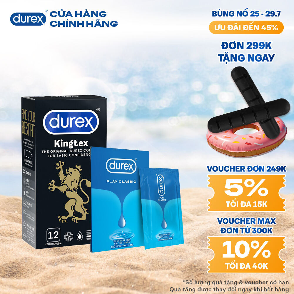 [25-29.7 - Voucher đến 30K] Combo Bao cao su Durex Kingtex ôm sát, bôi trơn, size 49mm, hộp 12 bao +  Gel Classic Dạng Gói 5ml