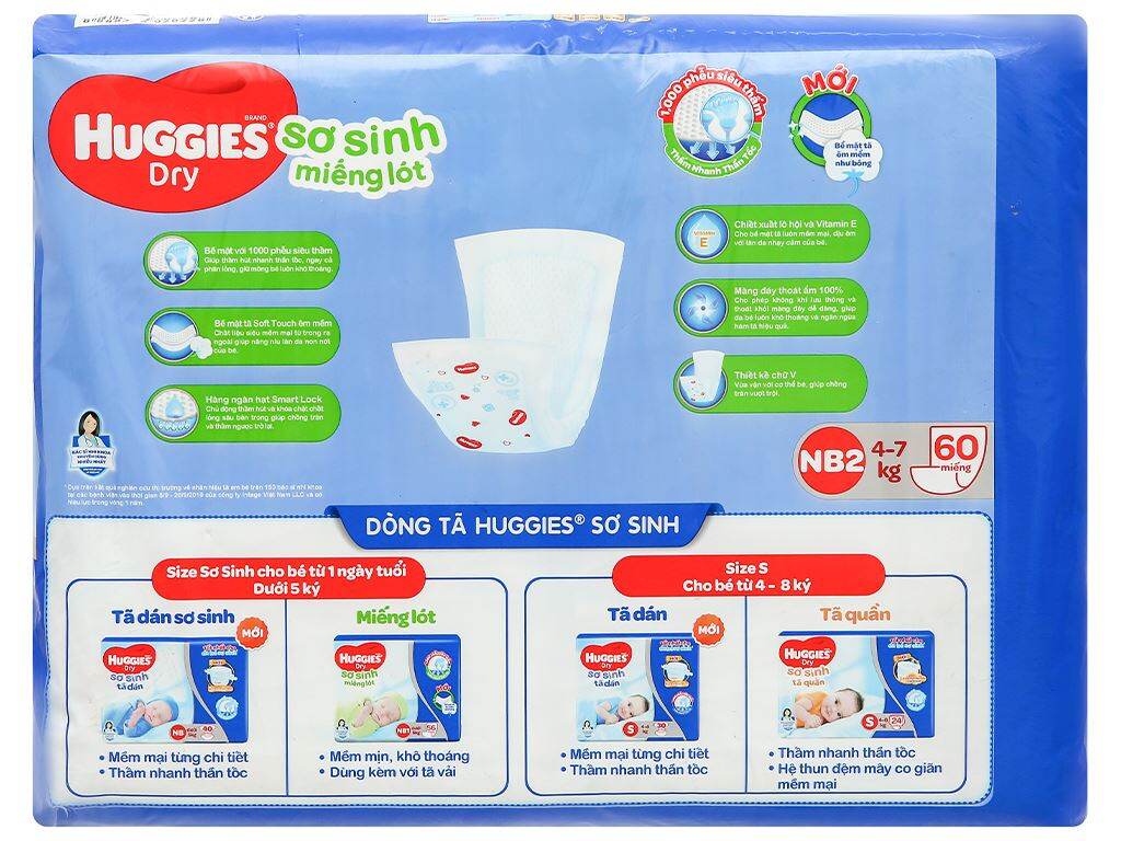 [Nhập RS0722 giảm 30k cho đơn 99k]Miếng lót Huggies NB2 60 miếng (4 - 7kg).