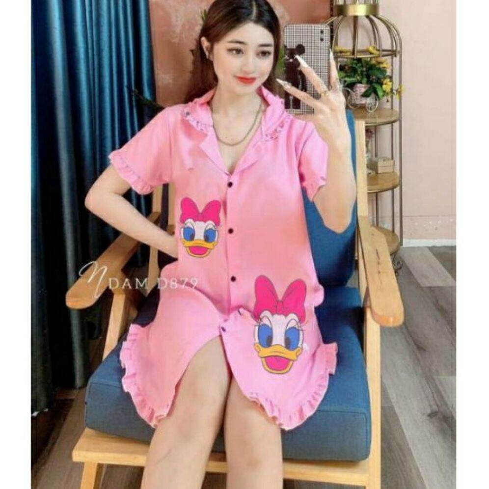 Đầm ngủ sơmi ngắn chất lụa hàn mặc nhà cho nữ - Áo dấu quần dài mặc nhà - M43