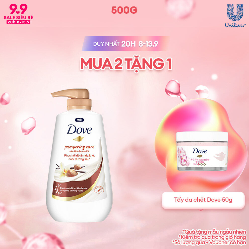 Sữa tắm dưỡng thể Dove Pampering Care phục hồi độ ẩm da khô với bơ hạt mỡ và hương hoa vanilla 500g