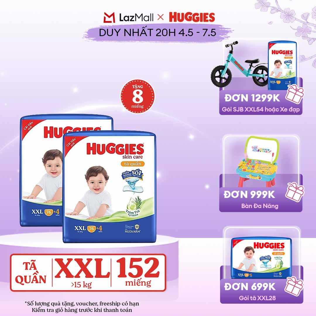 [CHỈ 20h 04-07.05 GIẢM THÊM 90K]  Combo 2 Gói Tã/bỉm quần HUGGIES SKINCARE MEGA JUMBO size XXL76+4 miếng