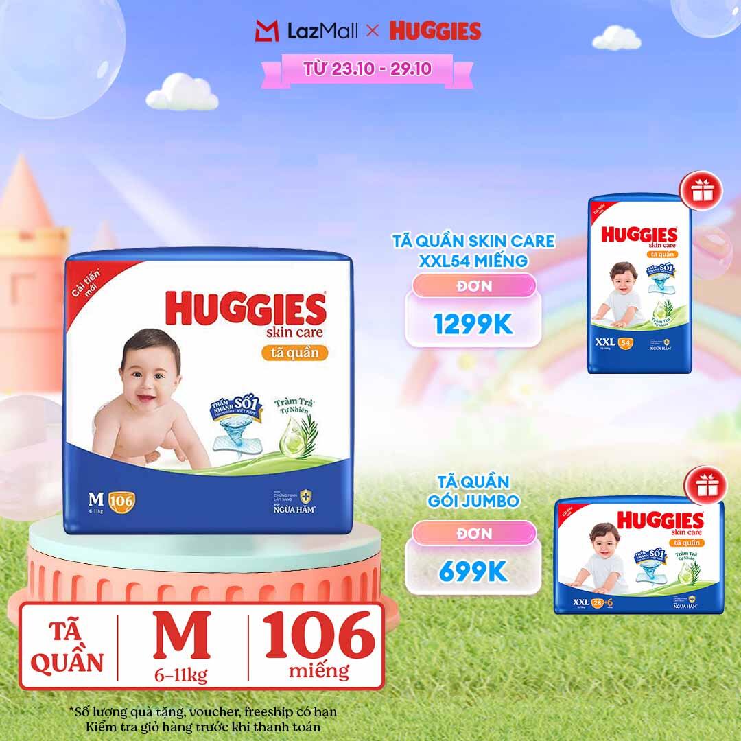 [CHỈ 23-29.10 GIẢM THÊM 80K] Gói Tã/bỉm quần HUGGIES SKINCARE MEGA JUMBO size M 102+4 miếng