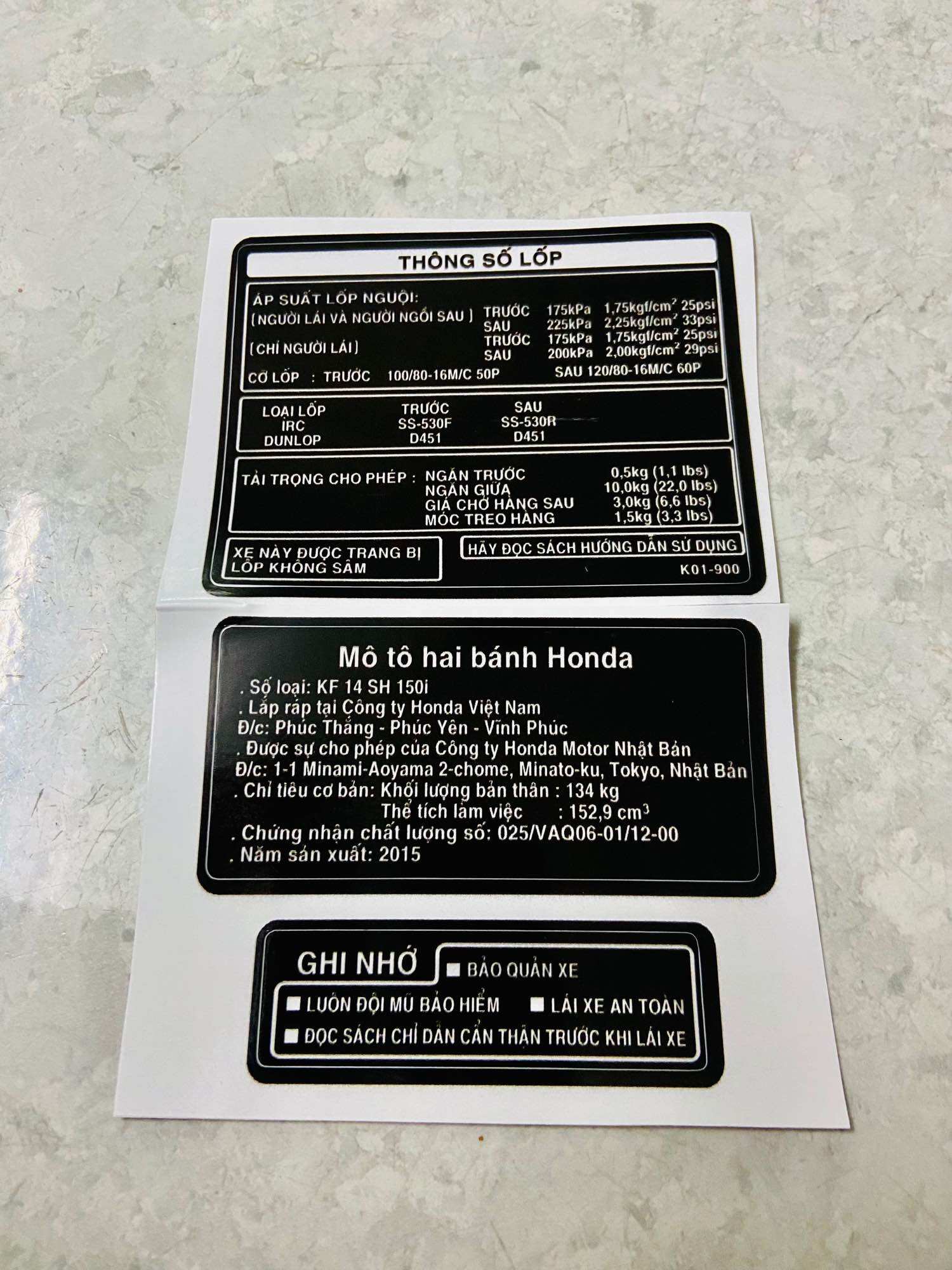 Tem thông số dán xe máy honda sh việt nam shvn 2012 - 2013 - 2014 - 2015 -2016 - 2017