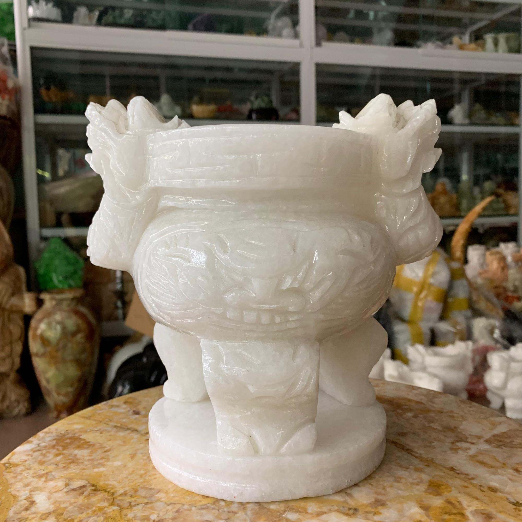 Bát Nhang, Lư Hương, Bát Hương Chạm Rồng Đá Cẩm Thạch Trắng - cao 20cm