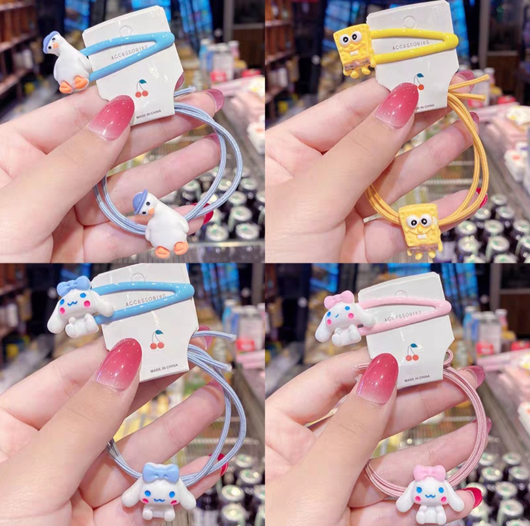 Set 2 kẹp tóc và dây cột tóc nữ đính charm hoạt hình dễ thương