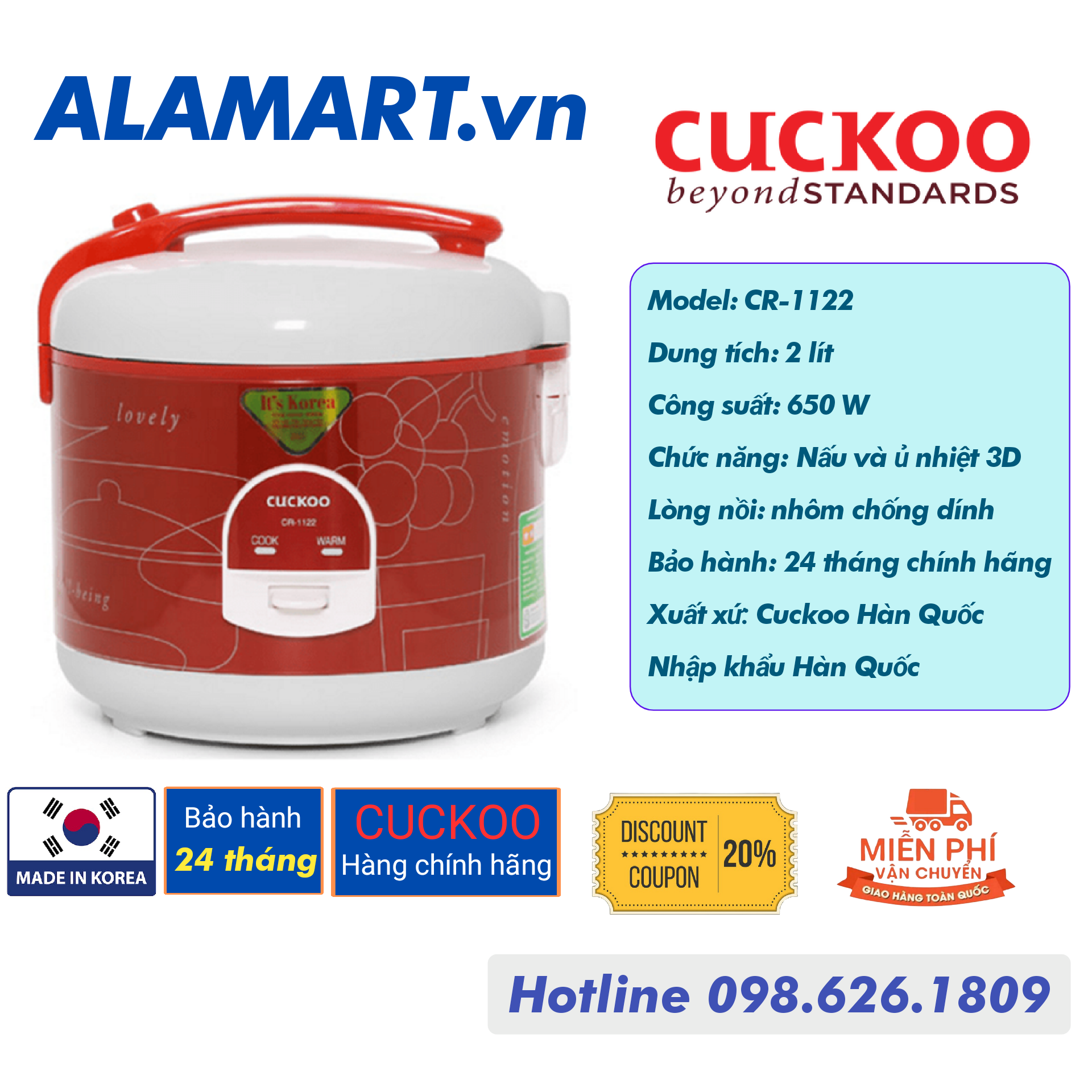 [HCM]Nồi cơm điện Cuckoo CR-1122R 2L (MADE IN KOREA)