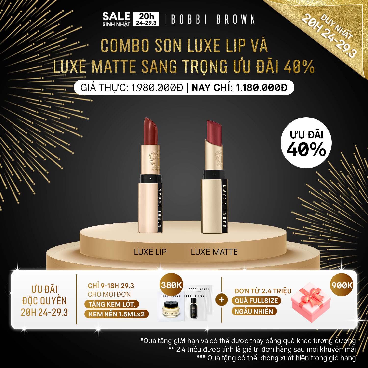 [ĐỘC QUYỀN 20H 24-29.3] Bobbi Brown - Bộ 2 món: Son môi Bobbi Brown Luxe Lip Color, Son thỏi Luxe Matte Lipstick/ Son dưỡng môi chăm sóc da với hiệu ứng satin đẹp mịn - sản phẩm trang điểm bán chạy