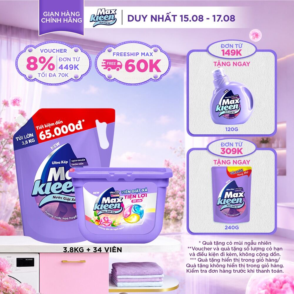 Combo Túi nước giặt xả 3.8 kg + Túi viên giặt xả 34 viên MaxKleen hương Huyền Diệu