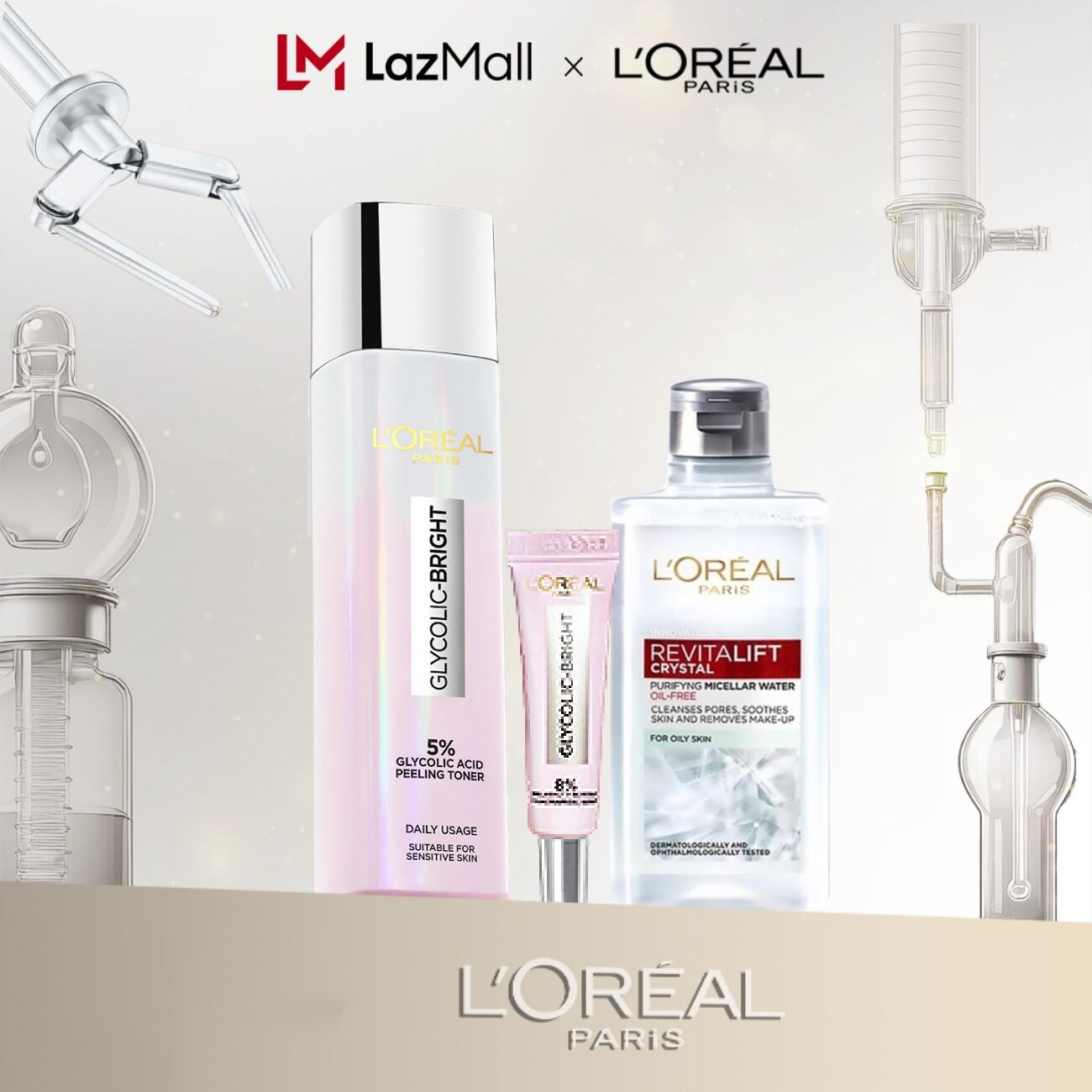 Bộ chăm sóc dưỡng sáng da Glycolic Toner thúc đẩy tái tạo da 128ml, Serum Glycolic Bright 8% 7.5ml và Nước tẩy trang Revitalift Crystal 95ml