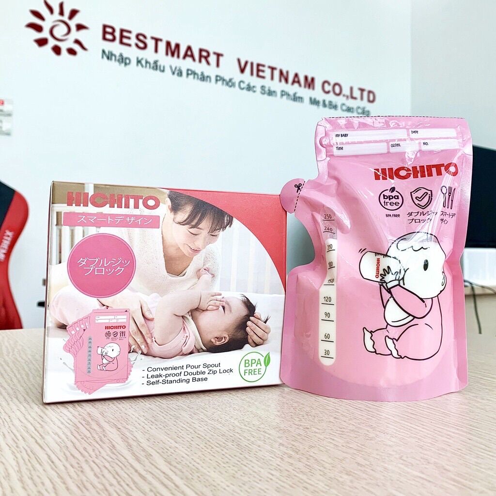 Hộp 30 túi trữ sữa Hichito Nhật 250ml (có vòi rót bên hông)