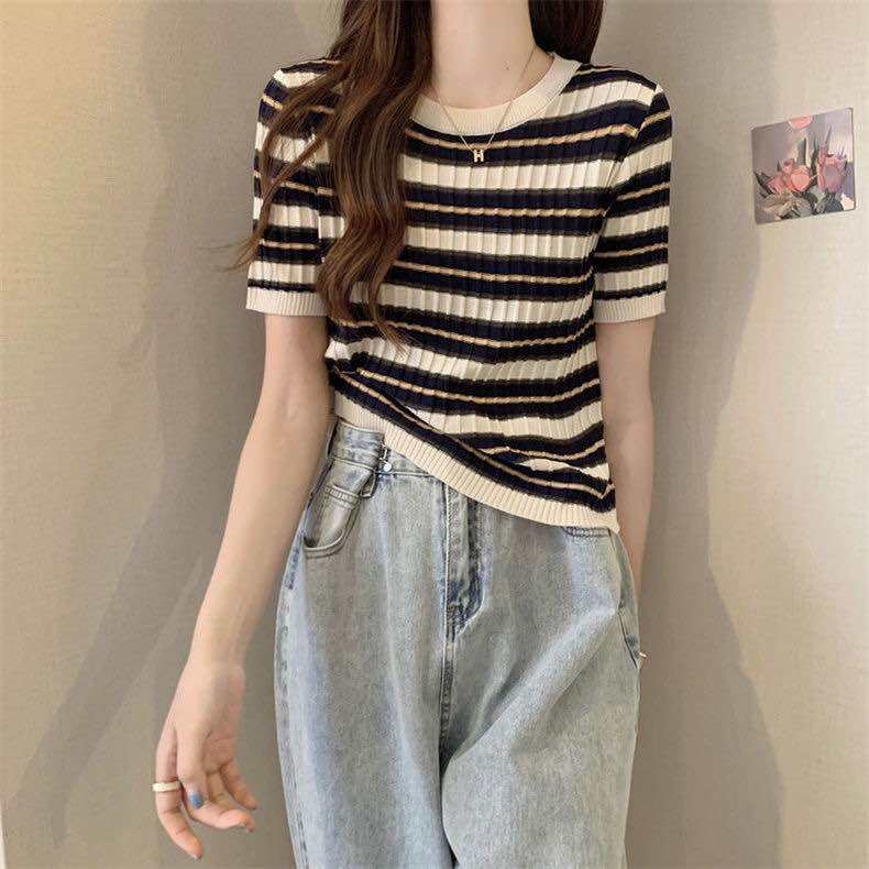 Áo thun dệt kim nữ tay ngắn kiểu kẻ ngang cổ tròn len mongtoghi dáng croptop ôm body hàng Quảng Châu