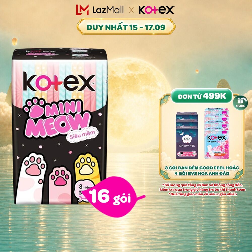 Combo 16 Băng vệ sinh Kotex MiniMeow Siêu mềm siêu mỏng cánh 8 miếng