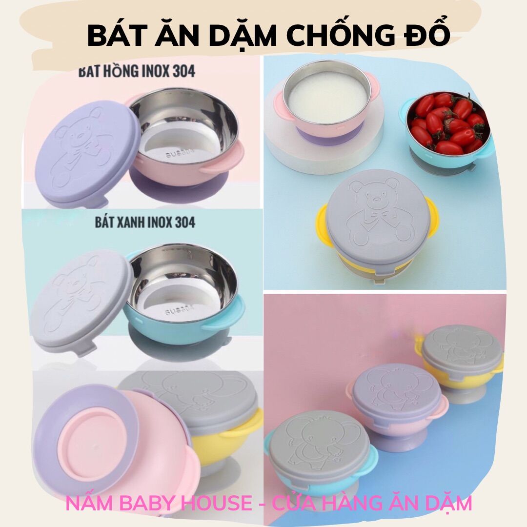 Bát ăn dặm chống đổ có nắp đậy cho bé - chén inox