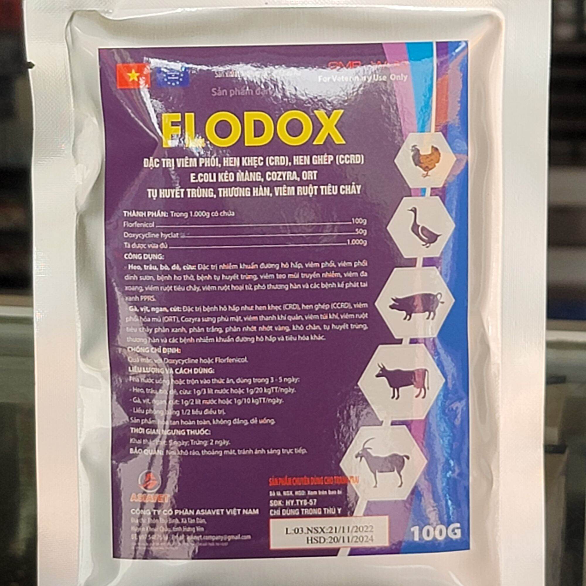 Gói Flodox chuyên phổi, hô hấp, thương hàn dùng cho thú cưng và gà đá