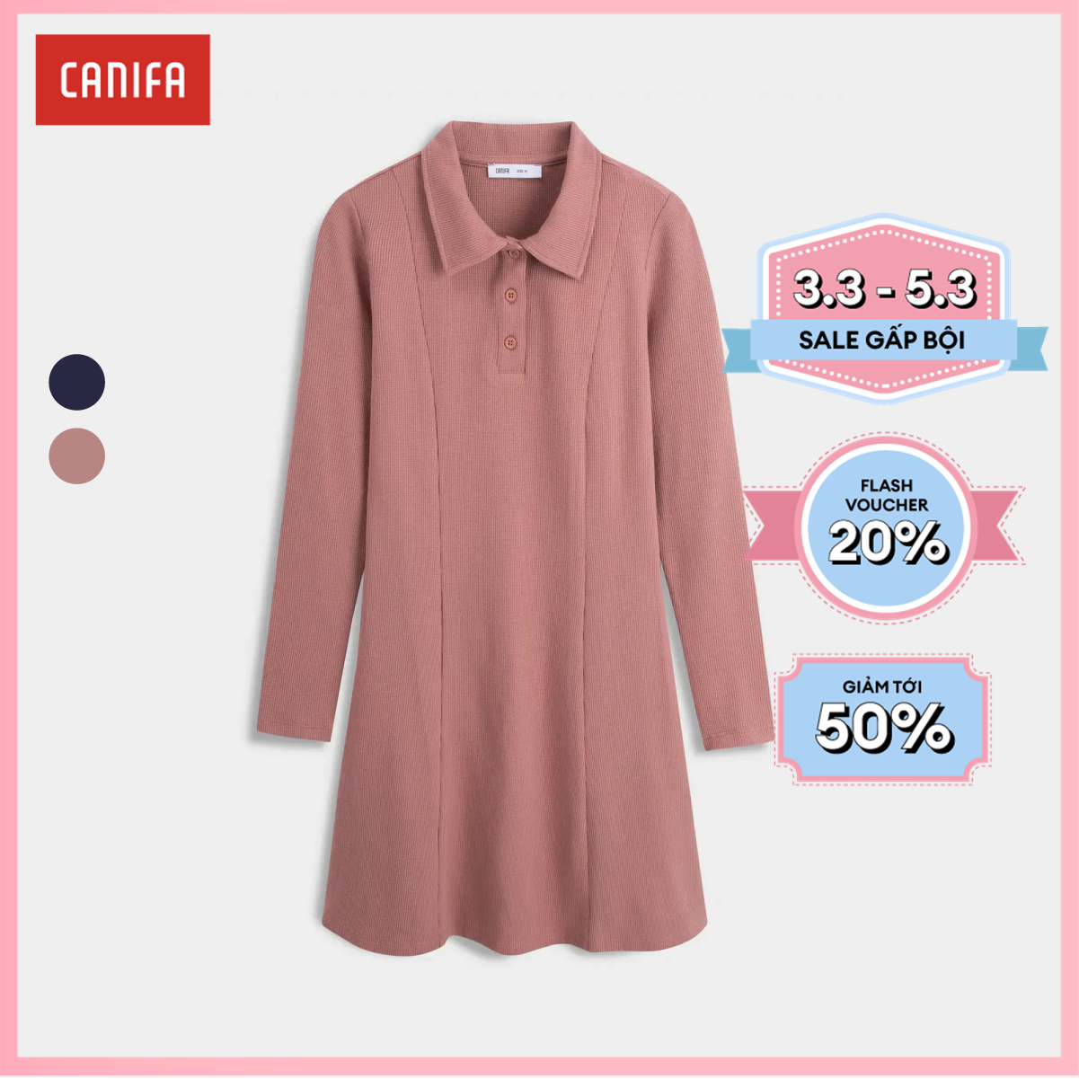 Váy liền nữ CANIFA cotton USA cổ polo dài tay 6DS23W004