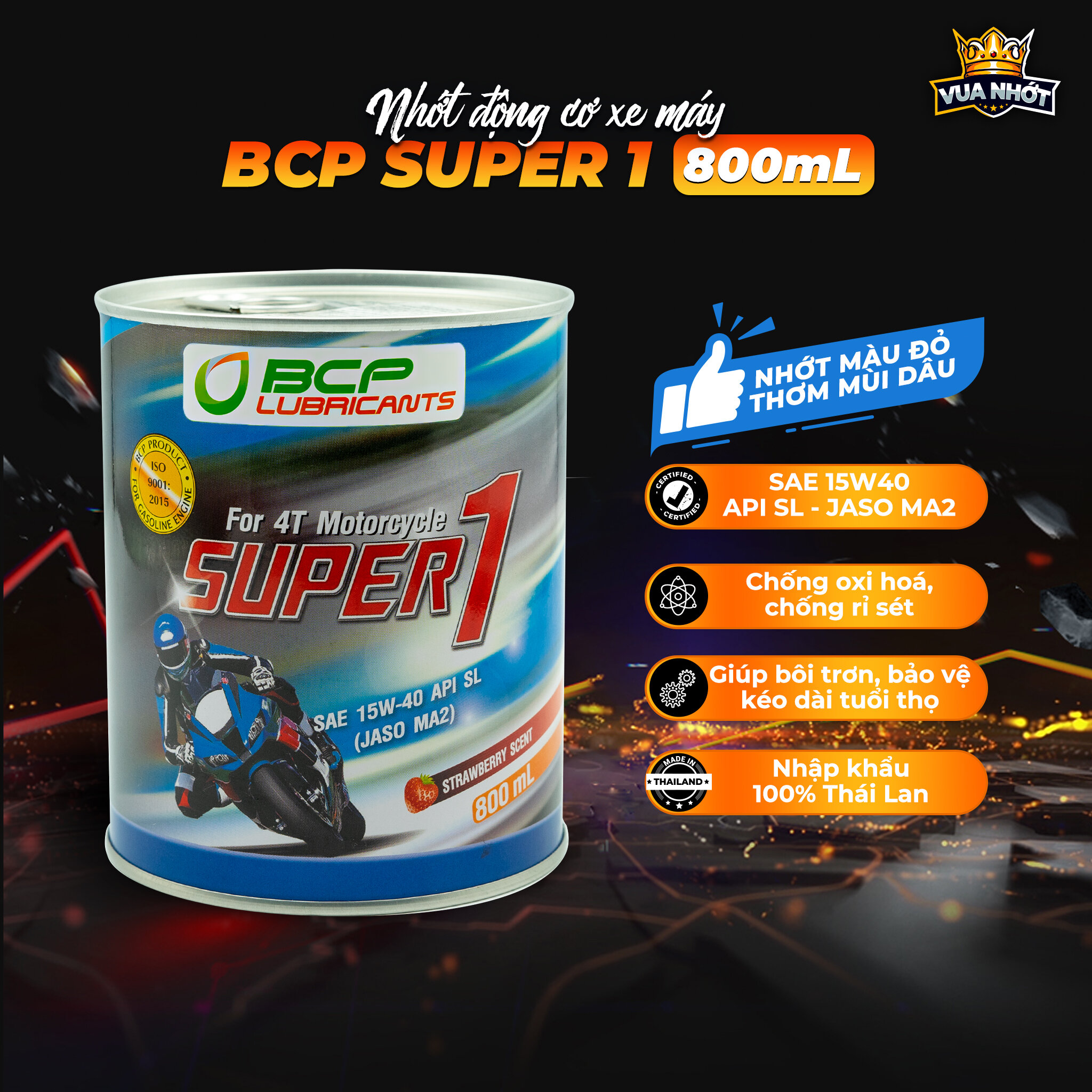 Nhớt xe máy xe số BCP Thái Lan lon 800ml - Nhớt màu đỏ thơm mùi dâu SUPER 1 SAE 15W40, API SL, JASO MA2 - Nhớt Thái Lan Nhập Khẩu