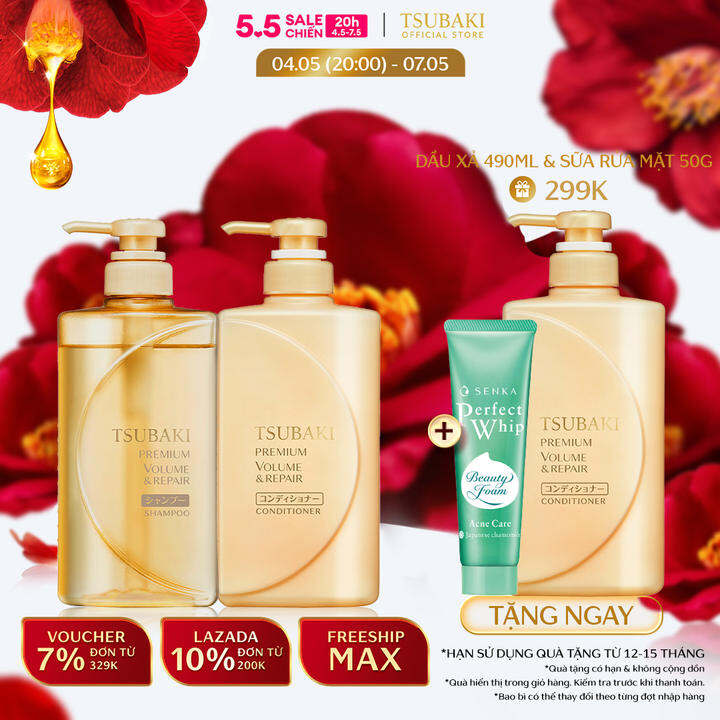 Bộ đôi Gội xả Phục hồi hư tổn ngăn rụng tóc Tsubaki Premium Repair 490mlx2