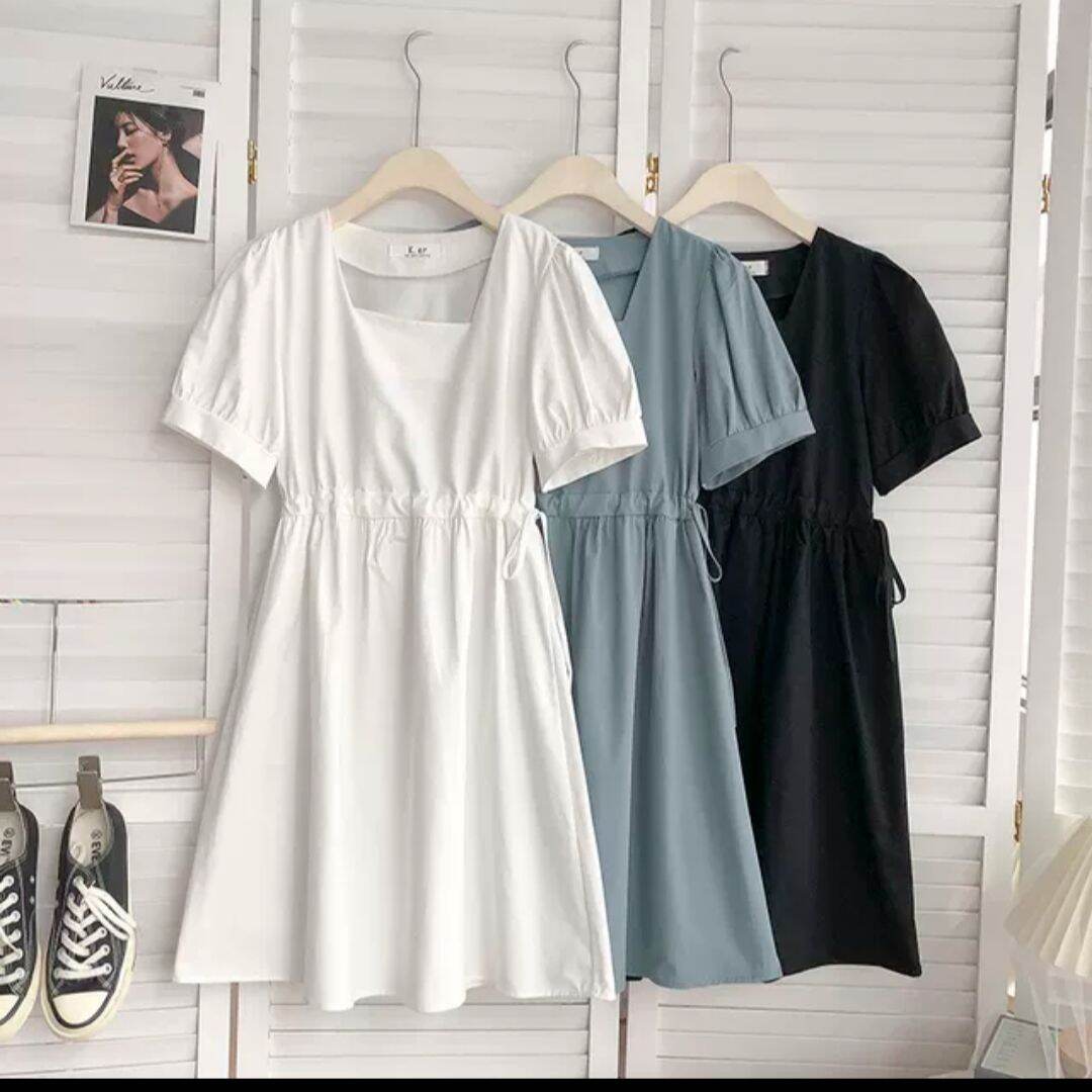 Đầm thô tay bồng rút eo vintage ảnh thật
