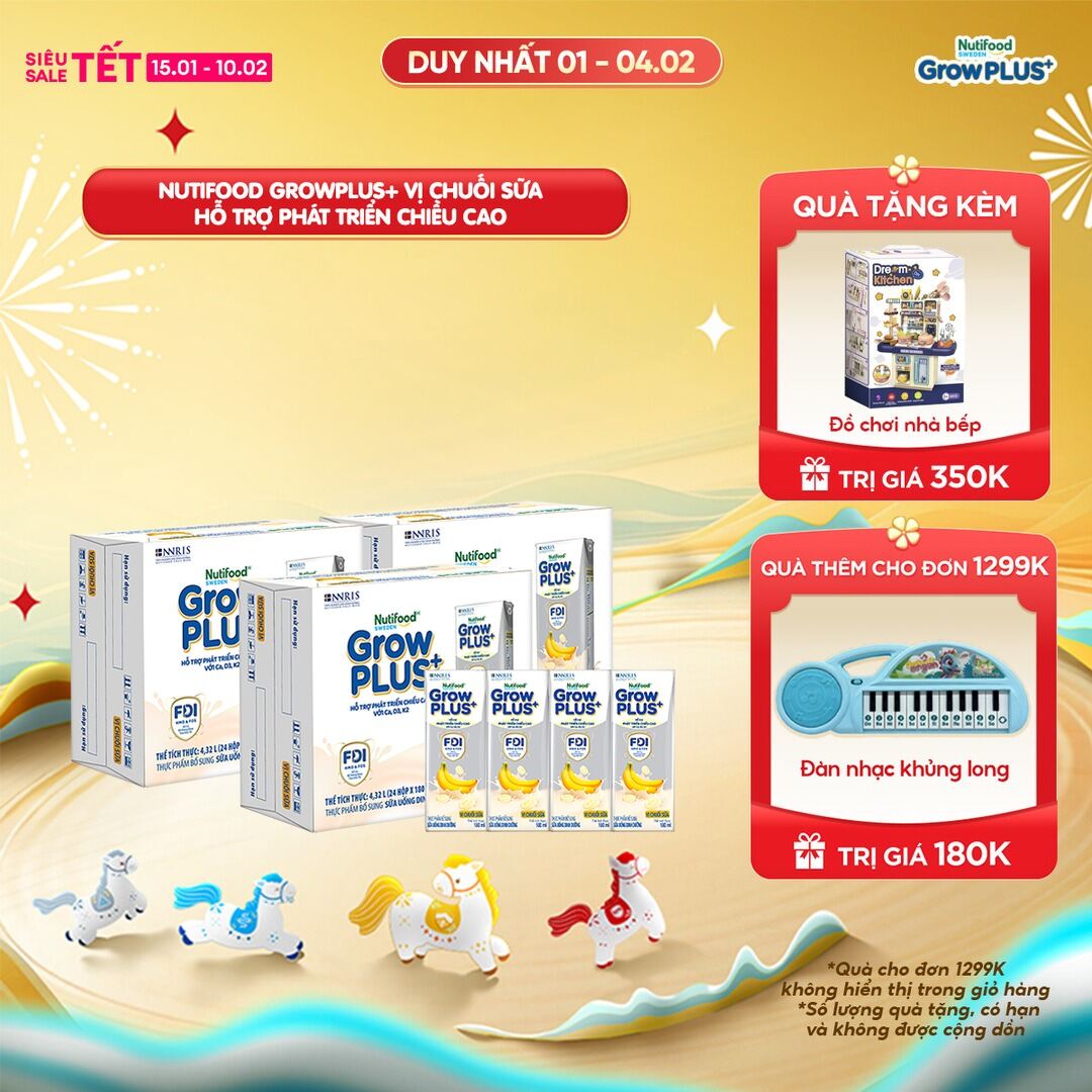Combo 3 Thùng 24 hộp Sữa bột pha sẵn Nutifood Sweden GrowPLUS+ Vị Chuối Sữa hộp 180ml - Hỗ trợ phát