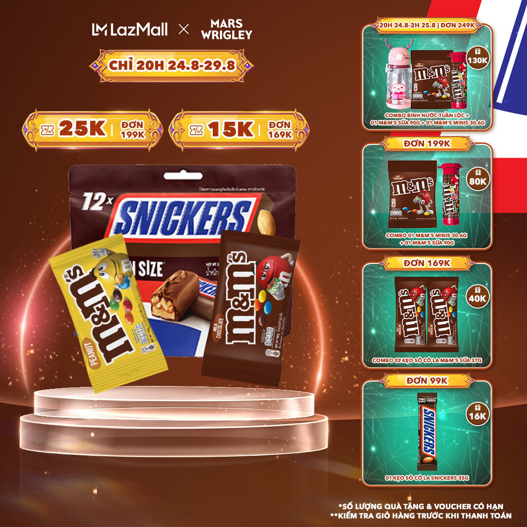 Combo kẹo sô cô la snicker 240g, m&m sữa 180g, m&m đậu phộng 180g