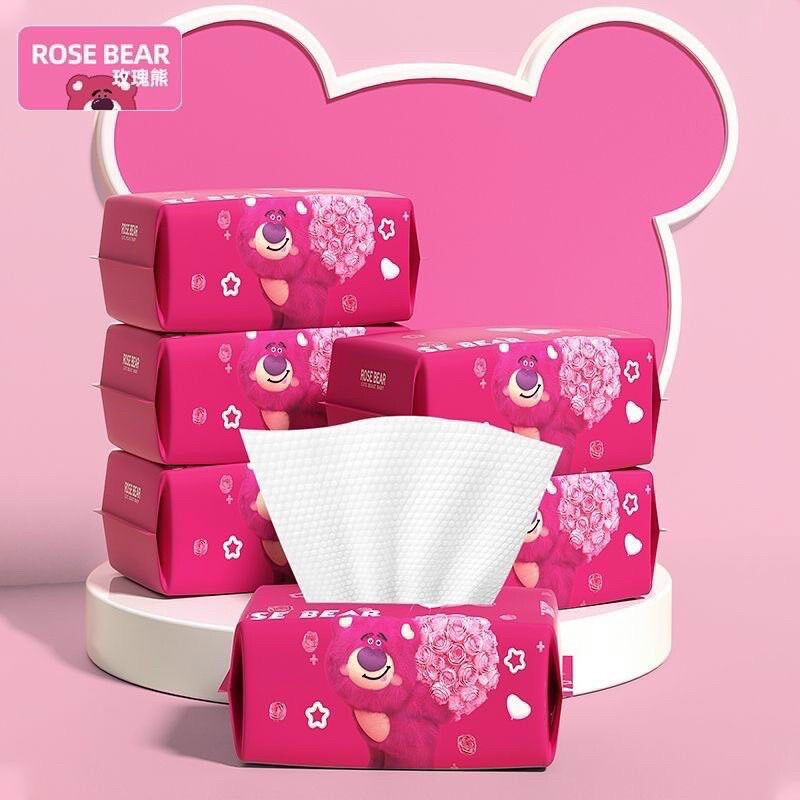Khăn Lau Mặt dùng 1 lần lau khô, lau ướt - Khăn mặt khô gấu dâu Rose Bear - Khăn giấy đa năng
