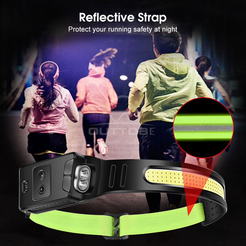 Outtobe Widened Silicone Headlights Headworn Intelligent Sensing LED Dual Light Source Widened COB Floodlight Red Warning Side Lights White+Yellow Outdoor Headlights