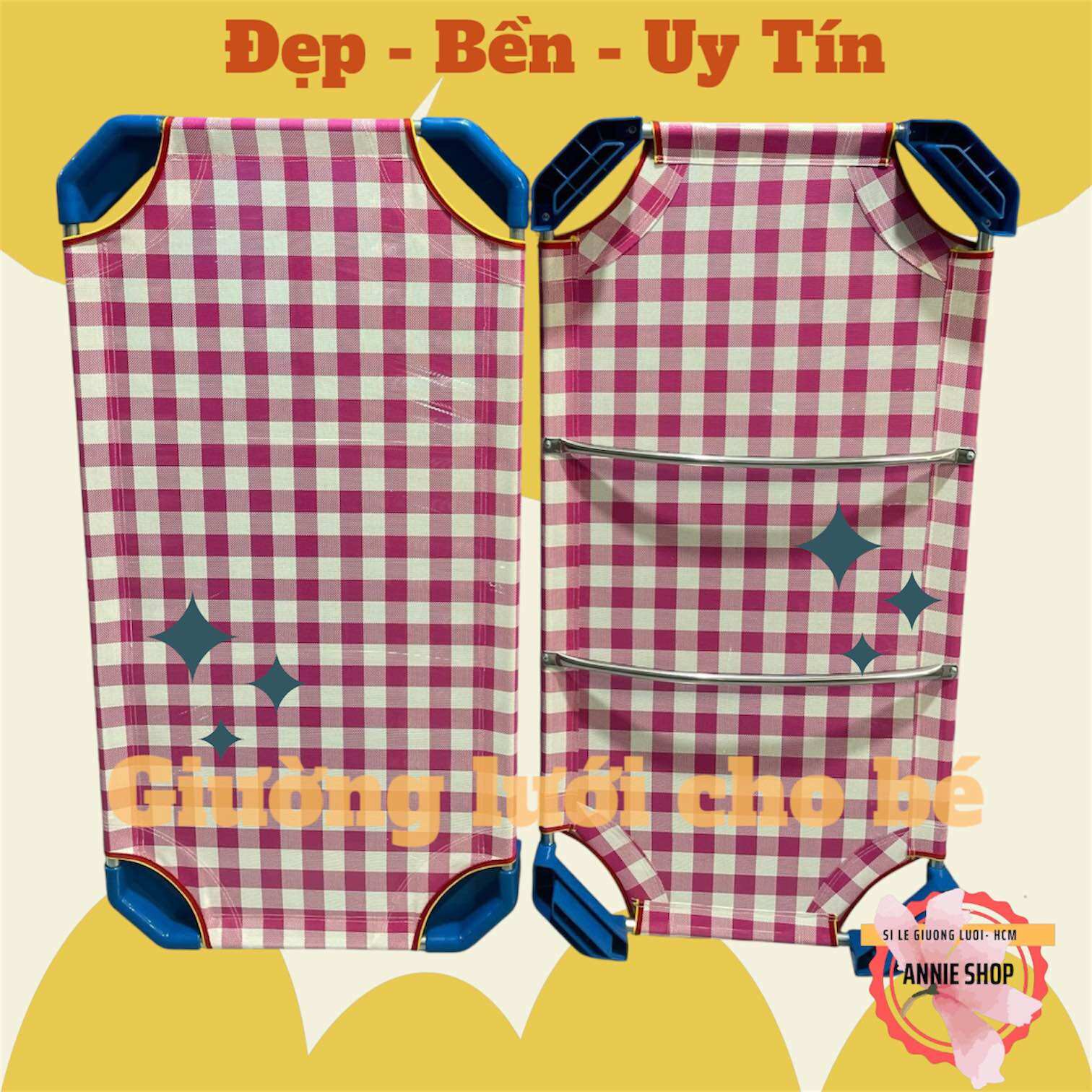 Giường Lưới Trẻ Em ráp sẵn Caro Hồng cho bé gái Kích thước 60x120cm 2 thanh đỡ lưng, Dùng cho mầm non (Ảnh thật)