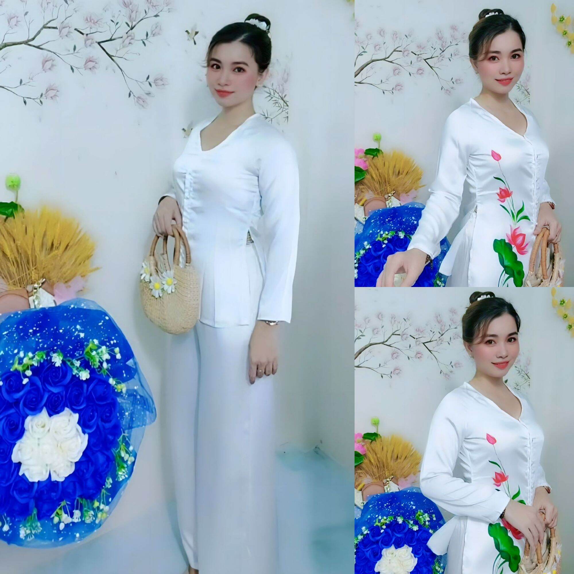 Bộ bà ba hoa sen lụa ngọc trai, phối quần lụa tằm cao cấp phom 42-58kg