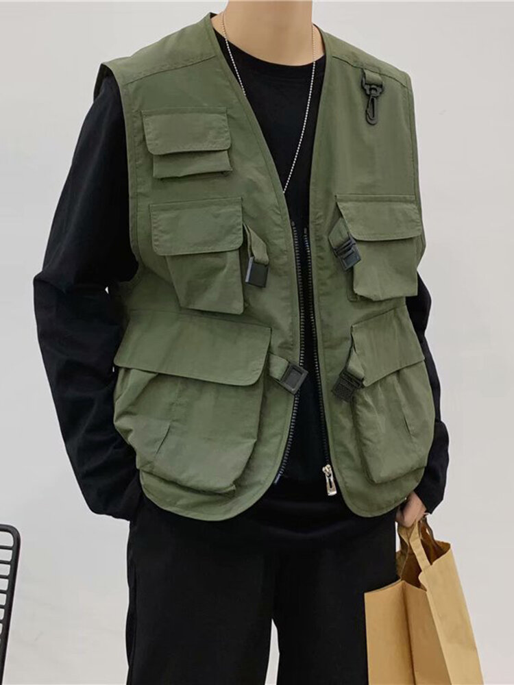 Functional Workwear Vest Man Fashion Brand Hip-Hop Fashion Multi-Pocket Vest Waistcoat Japanese Style Outer Wear Dark Coat for Women