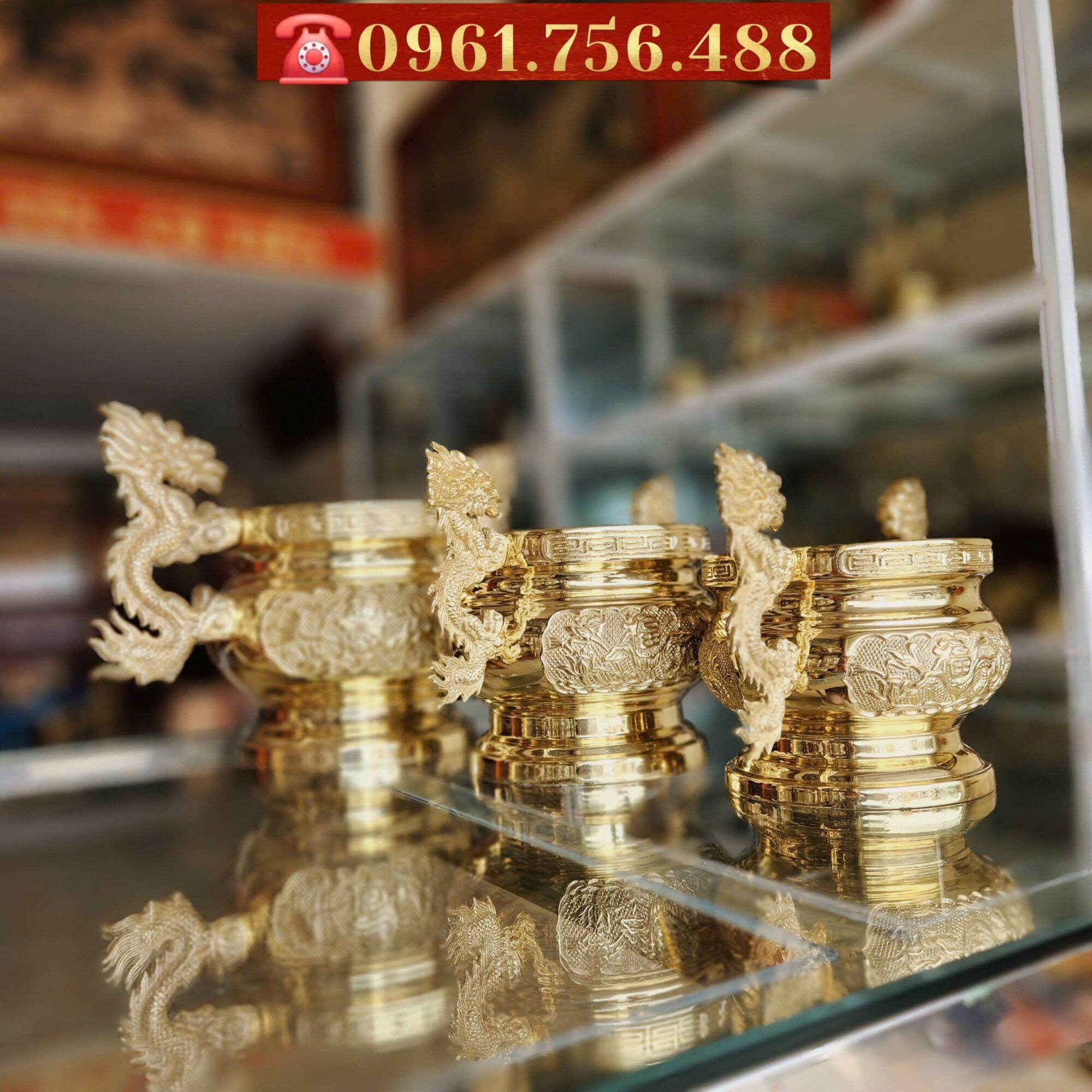 Lư hương bát hương tai rồng đồng vàng 17cm