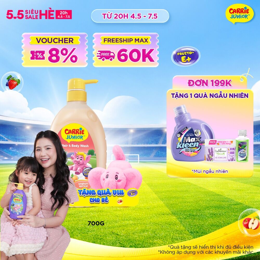 [TẶNG KÈM Voi bông | màu ngẫu nhiên] Chai Sữa Tắm Gội Cho Bé Carrie Junior Yoghurt chiết xuất trái cây thiên nhiên hương Mơ Tây 700g