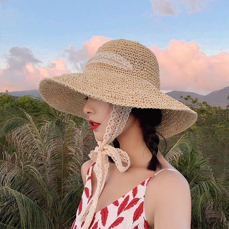 Mũ Cói Nón Cói Mềm Nơ Ren Siêu Dài