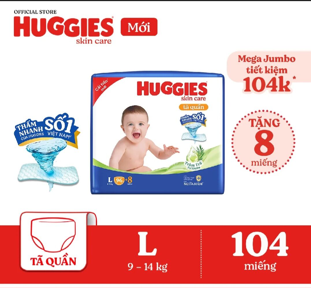 Tã quần Huggies skin tràm trà cải tiến mới L 96+8 date mới