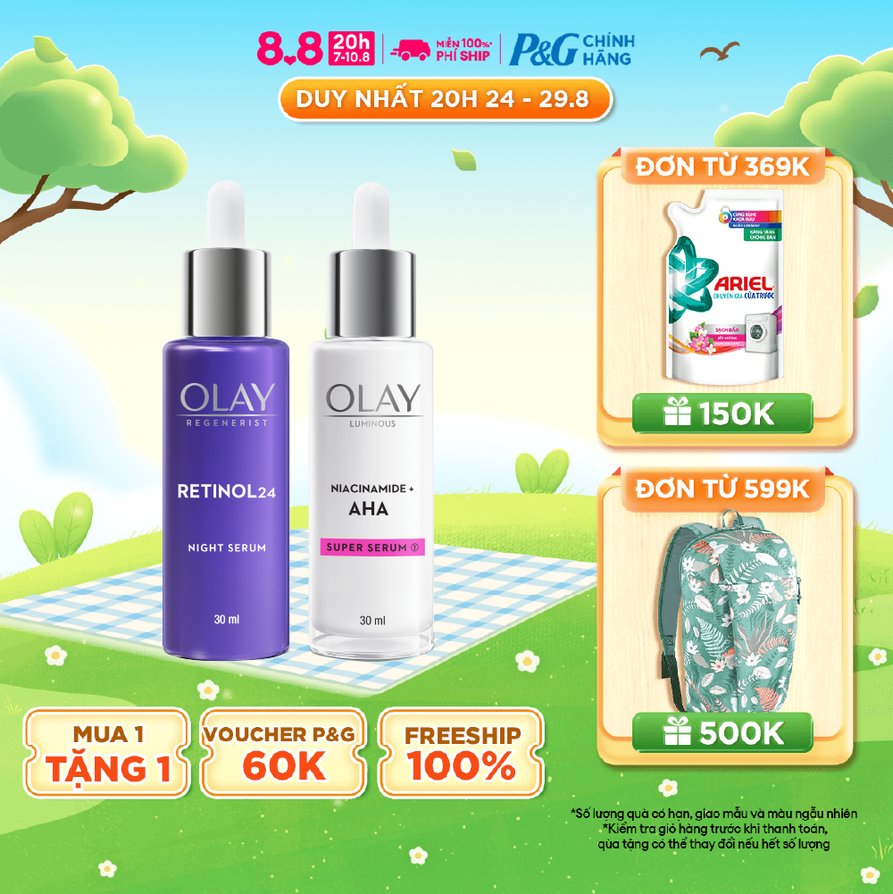 Combo 2: super serum dưỡng sáng da, mờ thâm mụn olay luminous niacinamide aha 30ml & serum olay retinol24 giúp trẻ hóa da & mờ nếp nhăn 30ml