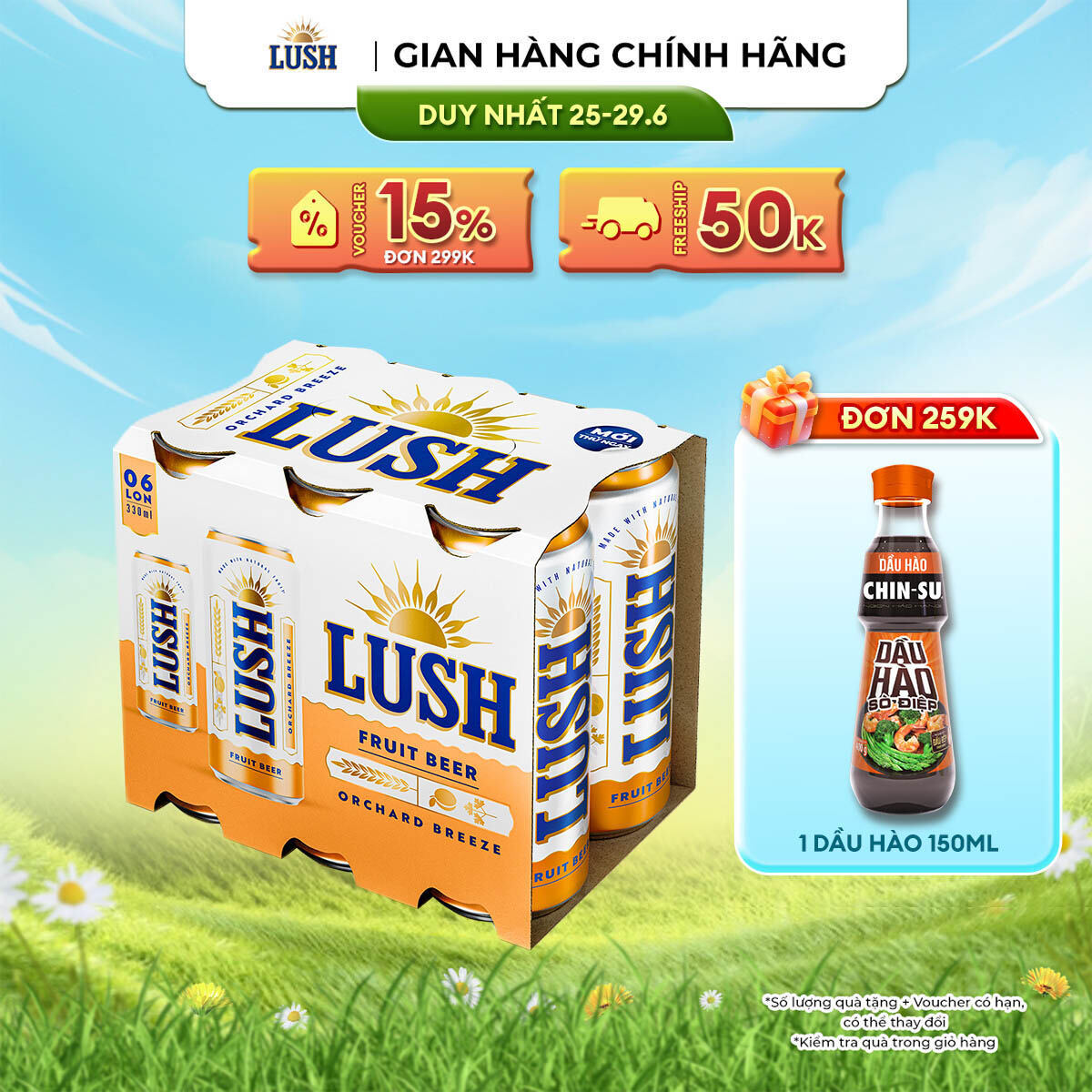 [DUY NHẤT 25-29.06 VOUCHER 18% ĐƠN 249K] Bia Lush Orchard Breeze vị Mơ Đào Thơm Dịu - Lốc 6 lon x 330ml (Nồng độ cồn 4%)