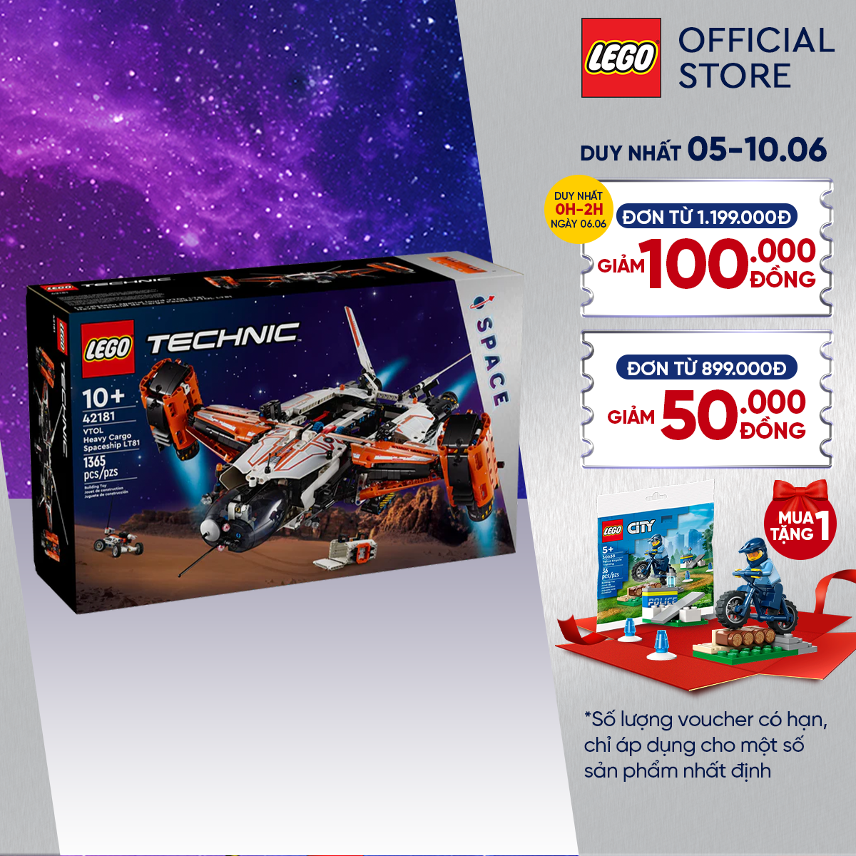 LEGO TECHNIC 42181 Đồ chơi lắp ráp Tàu vũ trụ chở hàng VTOL LT81 (1365 chi tiết)