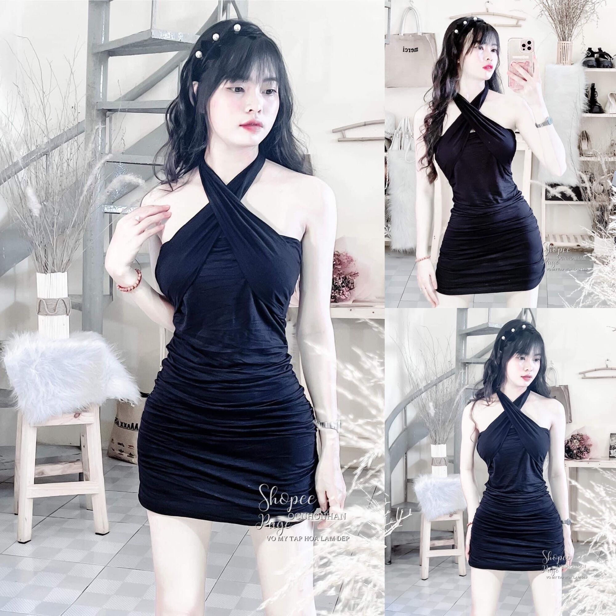 Đầm body lụa chéo cổ sang chảnh ảnh thật
