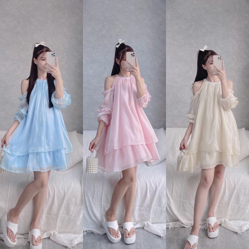 Váy cổ yếm khoét vai tay bồng Hàn Quốc tơ ánh kim siêu xinh hàng cao cấp - M33